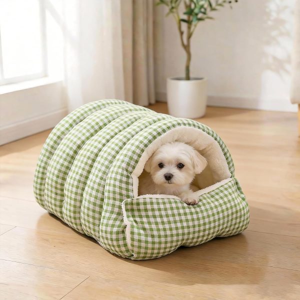 Small Cat Dog Cave Bed Calming Pet Nest Warm Plush Covered Cat House with Hooded Blanket Removable Hooded Blanket Cushion Washable Soft Calming Indoor Cat Bed (Green, Medium)